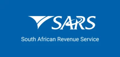 Logo of the South African Revenue Service (SARS) above the full name of the organization on a deep blue background.