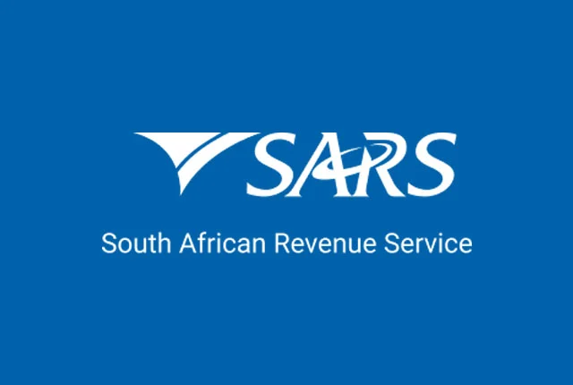 Logo of the South African Revenue Service (SARS) above the full name of the organization on a deep blue background.