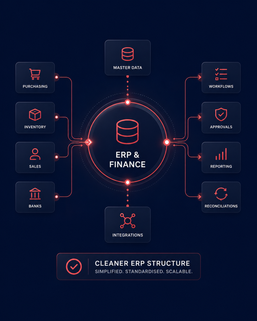 ERP and finance systems diagram showing purchasing, inventory, sales, banks, master data, workflows, approvals, reporting and reconciliations connected to a central finance system