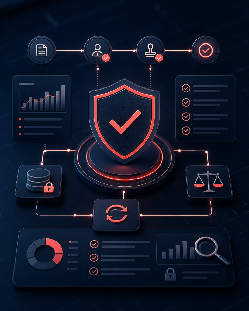 Finance controls and governance dashboard with reconciliations, approvals, audit trail and risk checks