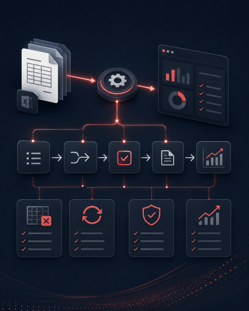 Finance process improvement diagram showing spreadsheets converted into automated workflows, controls and reporting