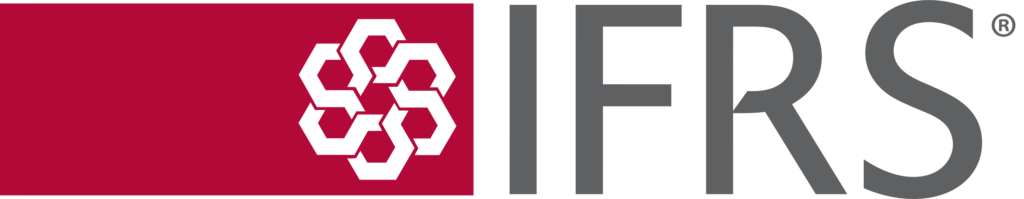 Logo of the International Financial Reporting Standards (IFRS) on a maroon background, showcasing the interconnected hexagon symbol and the acronym IFRS®.